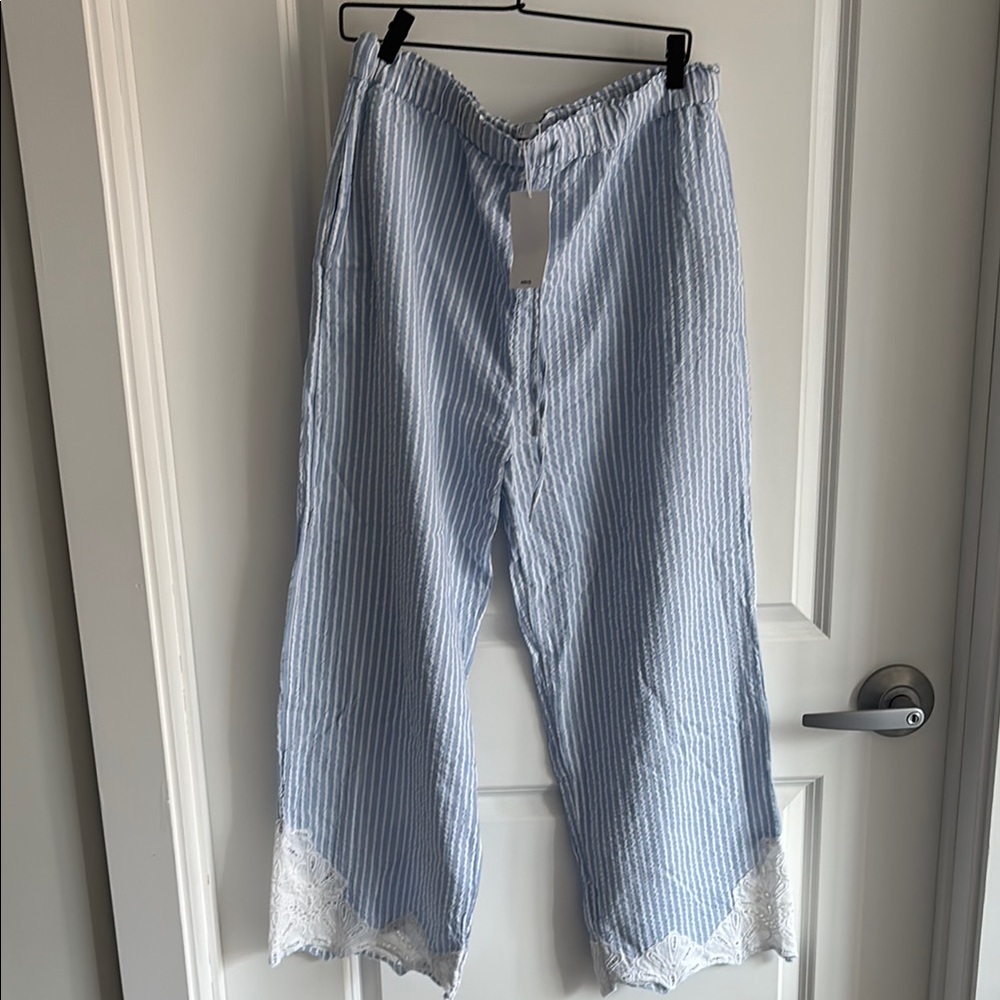 Blue Striped Pants with Lace Trim